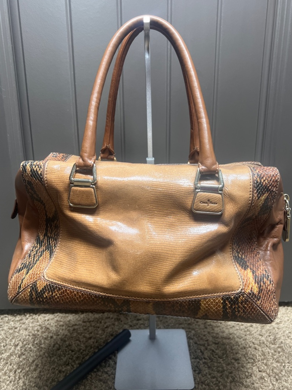Cole Haan Snakeskin Brown Purse with Orange Interior - Picture 2 of 10